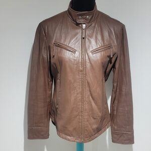 Bianca Nygard Womens High Neck Full Zip Leather Moto Jacket Size 10 Brown Silver